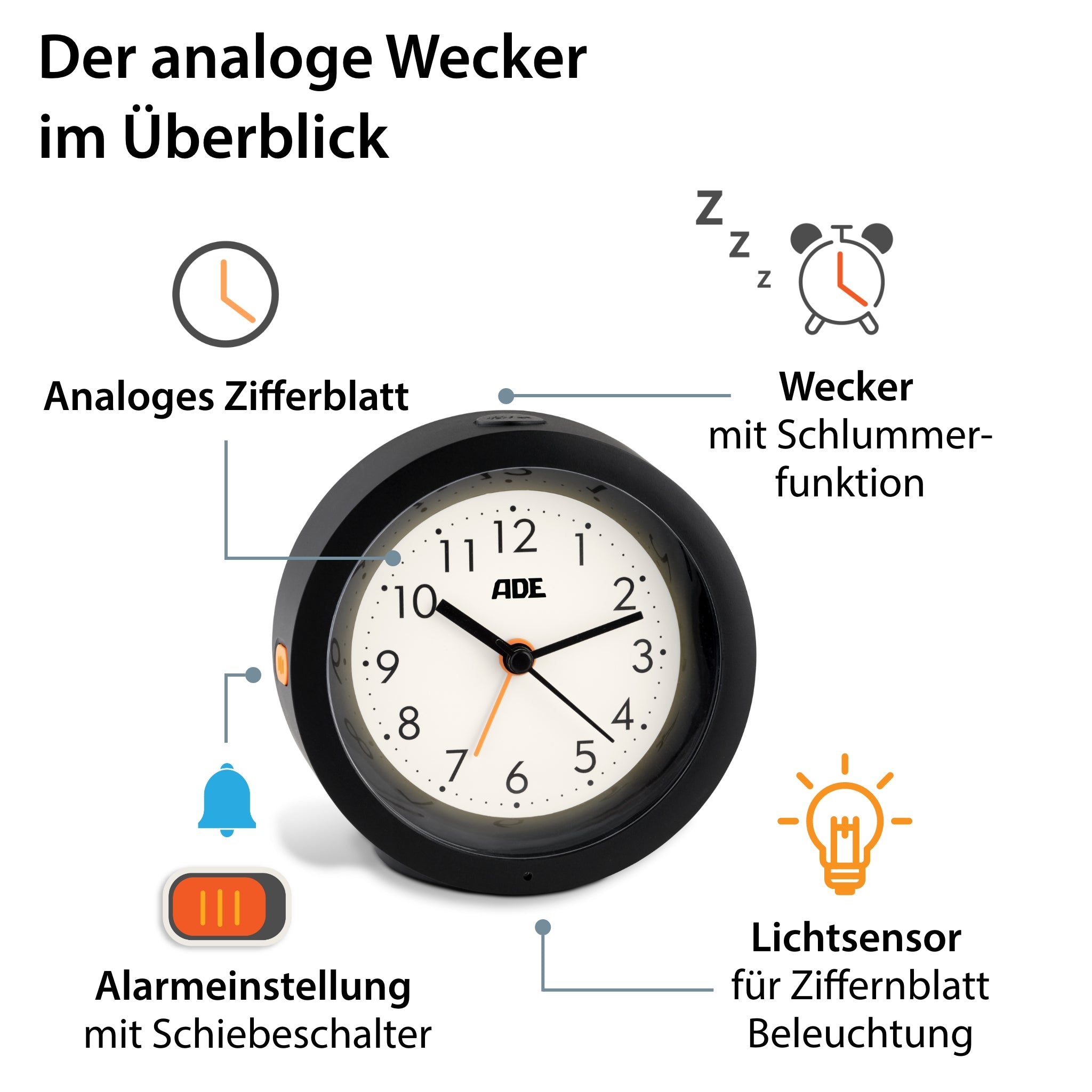 Analog alarm clock with night light sensor