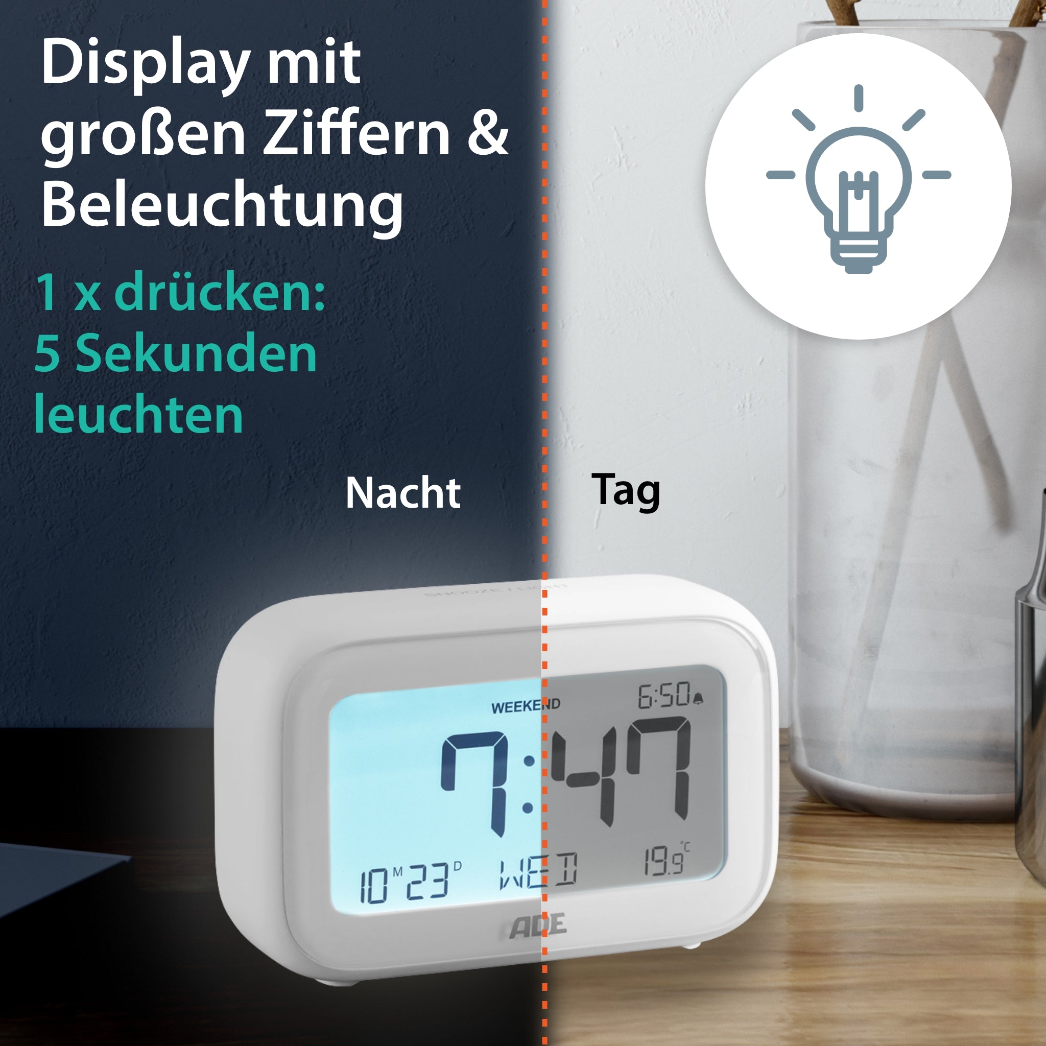Digital alarm clock with light