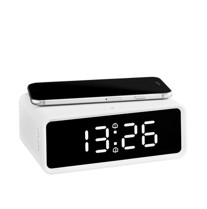 Digital alarm clock with induction charging pad