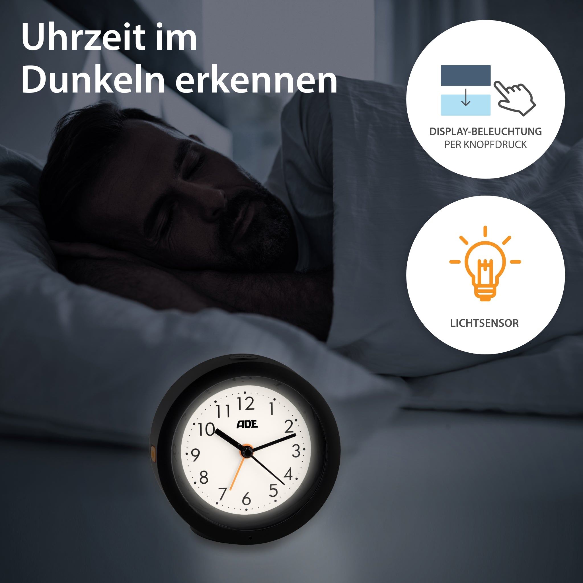Analog alarm clock with night light sensor