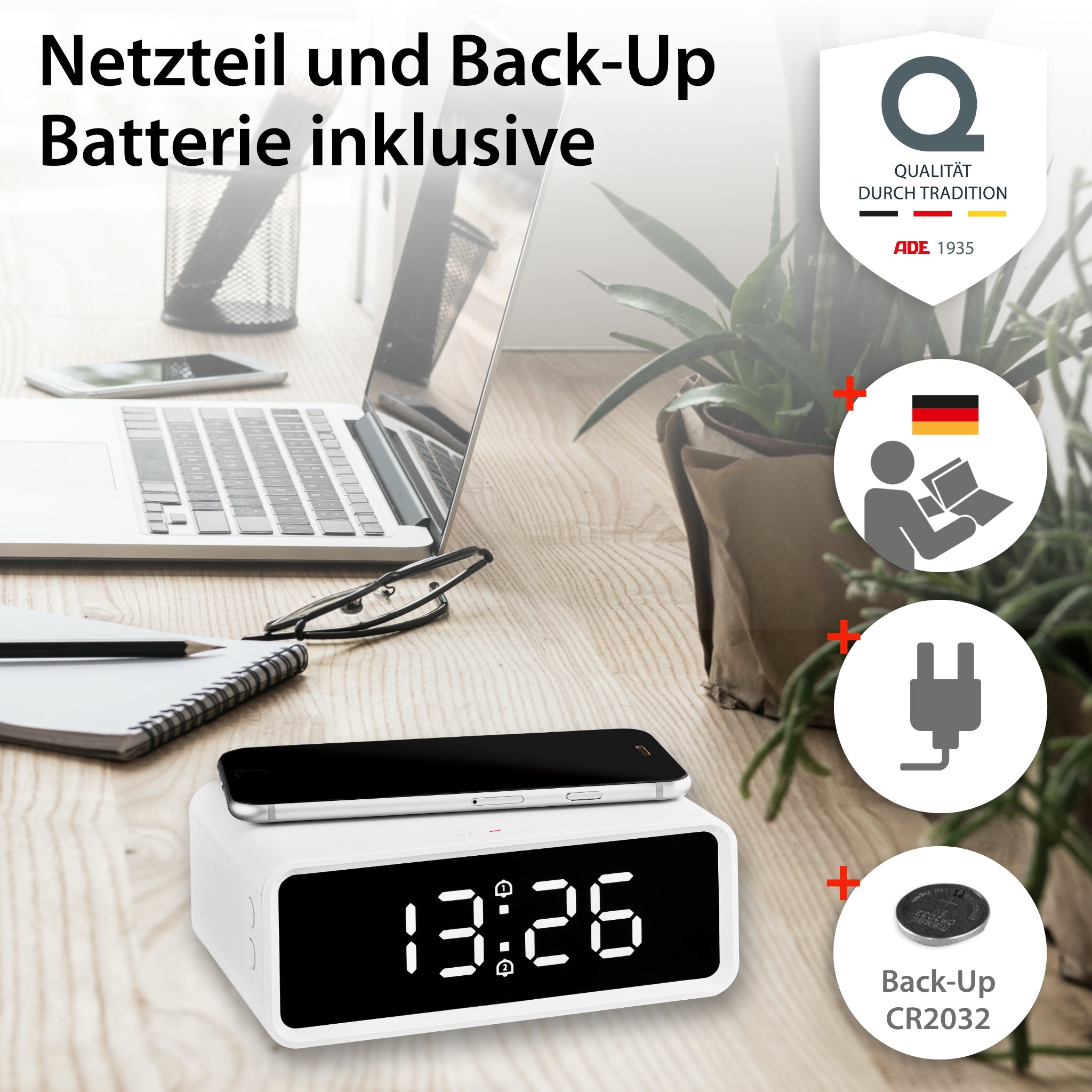 Digital alarm clock with wireless charging