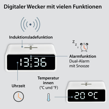 Digital alarm clock with wireless charging