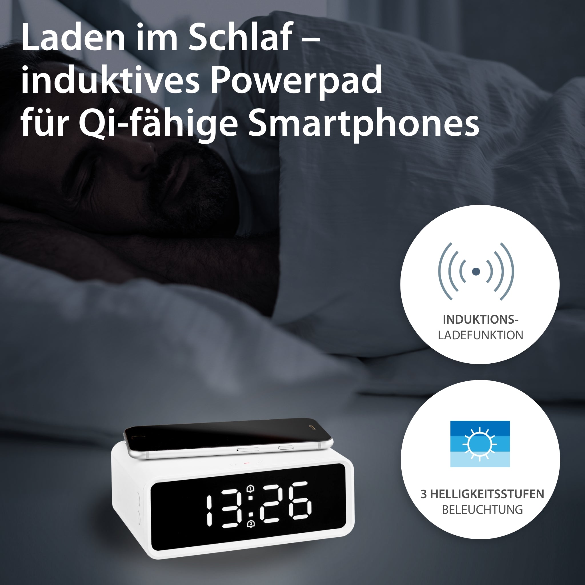 Digital alarm clock with wireless charging