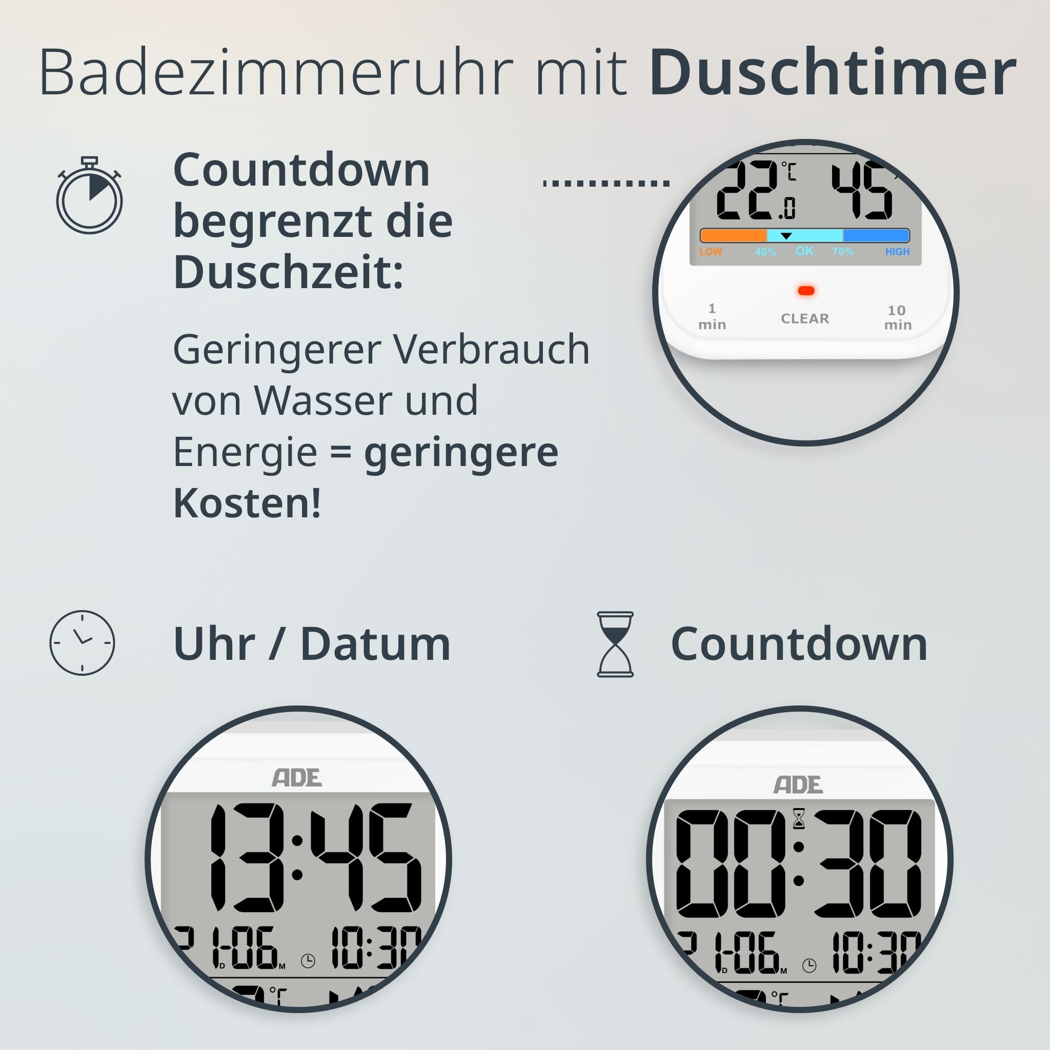 Digitale Badezimmeruhr mit Thermometer