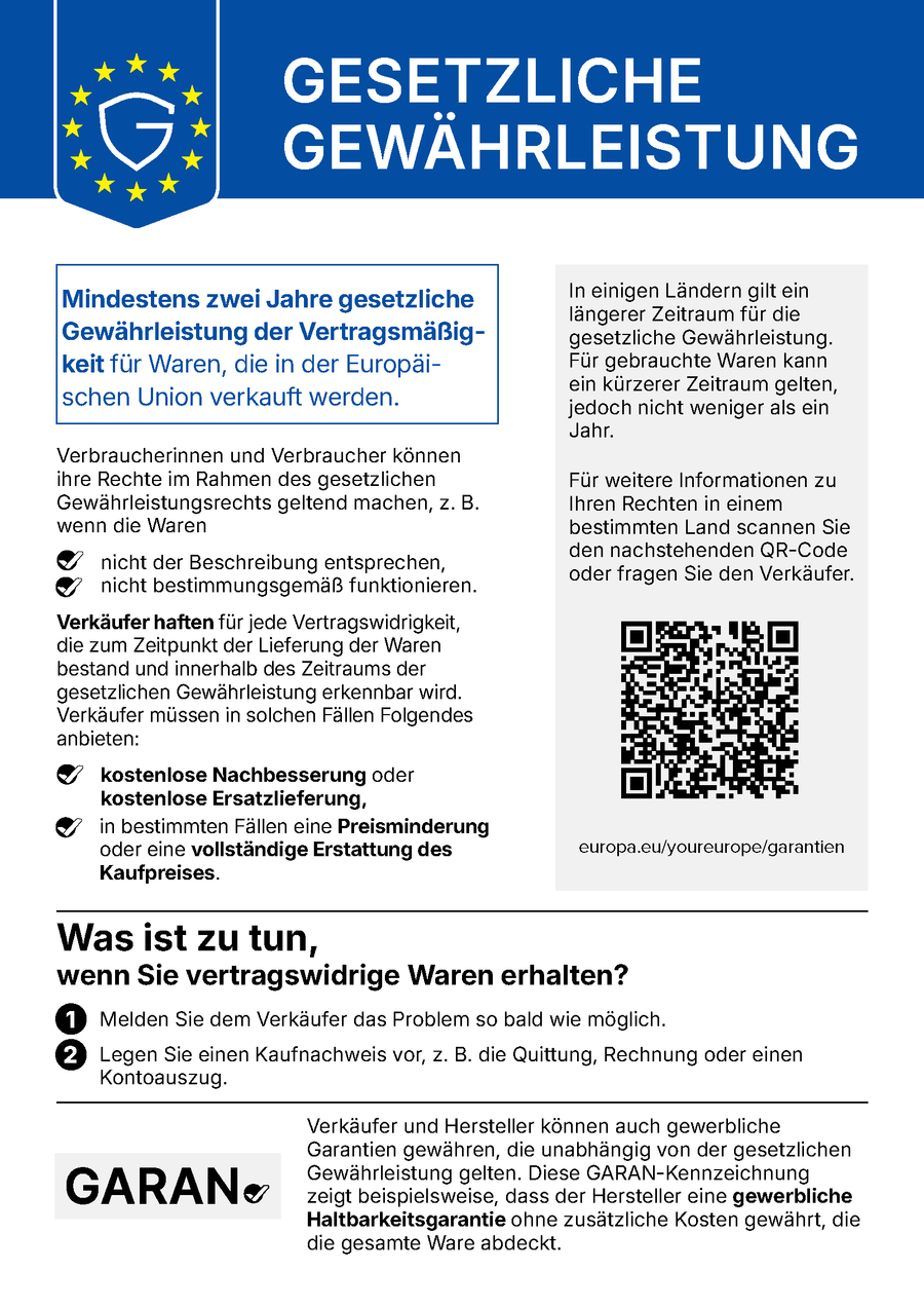 Gesetzliche Gewährleistung – harmonisierte Mitteilung über die Rechte des Verbrauchers bei mangelhafter Ware