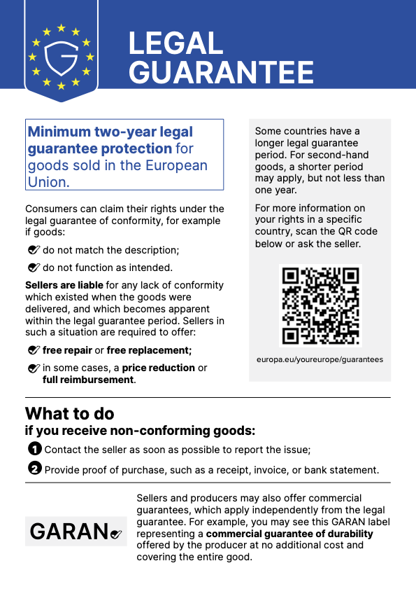 Legal guarantee – harmonised notice on consumer rights in case of defective goods