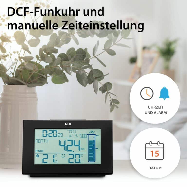 Wetterstation mit Funk-Regenmesser | ADE WS1907 - DCF-Funkuhr, Wecker & Kalender