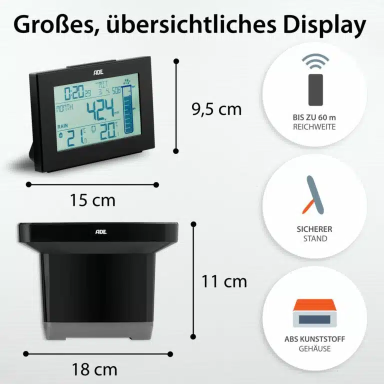 Wetterstation mit Funk-Regenmesser | ADE WS1907 - Maße, Funksensor, ABS-Kunststoff-Gehäuse & zum Stellen