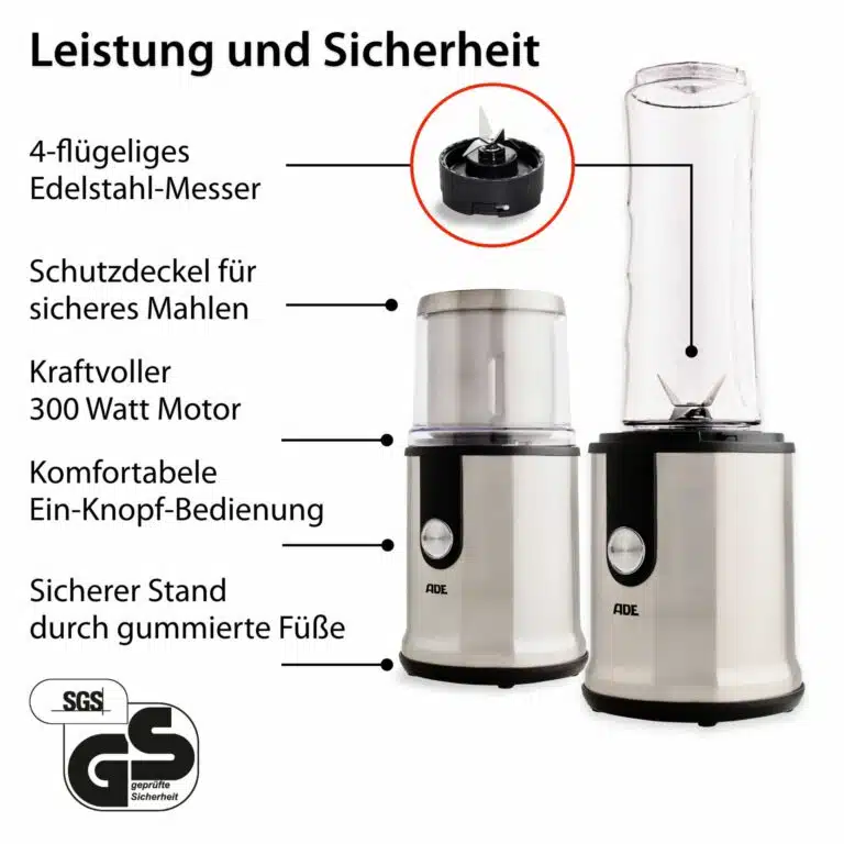 Smoothie Maker mit Gewürz- und Kaffeemühle | ADE KA1823 Leistung & Sicherheit