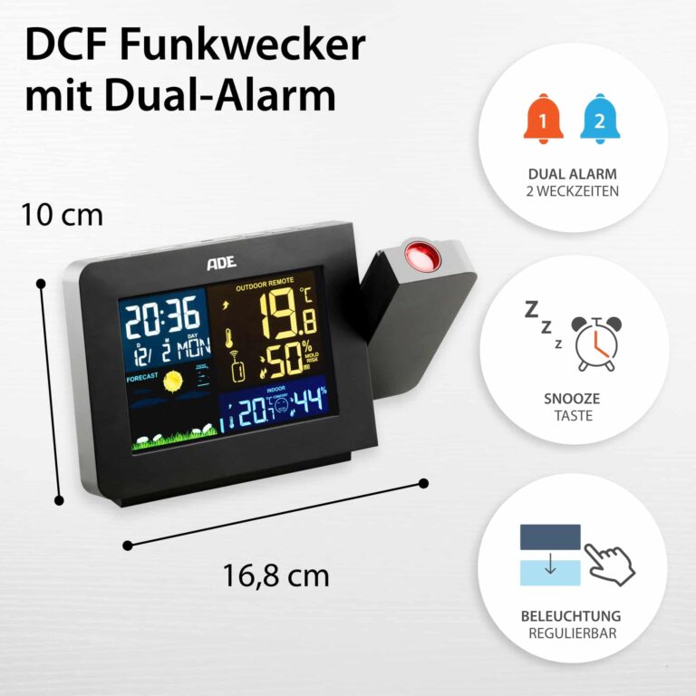 Wetterstation mit Funk-Außensensor | ADE WS1911 - DCF-Funkwecker & Dual-Alarm