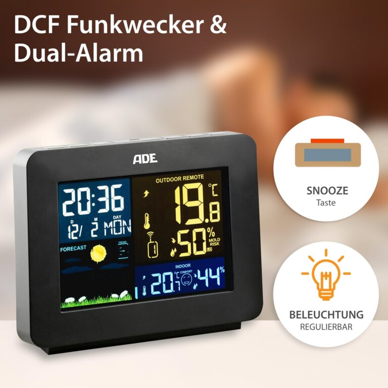Wetterstation mit Funk-Außensensor | ADE WS1917 - DCF-Funkwecker & Dual-Alarm