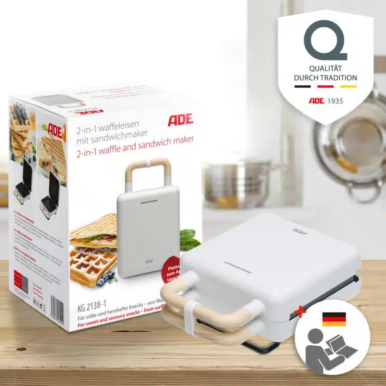 2-in-1 Waffeleisen mit Sandwichmaker | ADE KG2138-1 - Packaging und Anleitung