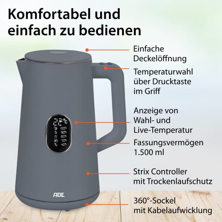 Wasserkocher mit Temperatureinstellung | ADE KG2100-3 - frontal Infos