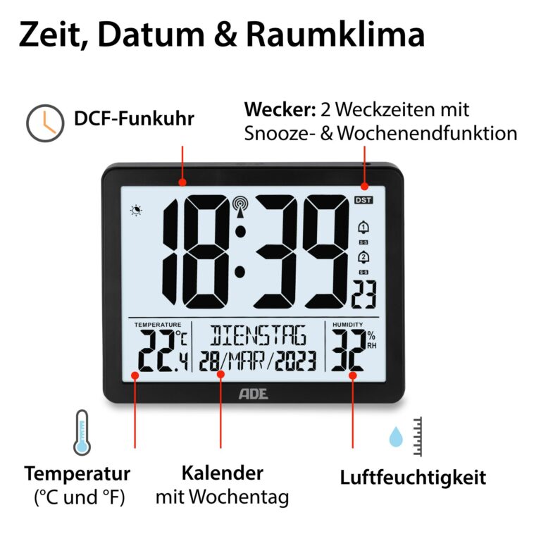 Funkuhr | ADE CK 2301 Zeit, Datum, Klima