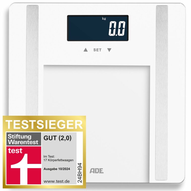 ADE Körperanalysewaage Ines weiß, Körperfettwaage mit 7 Körperwerten und 10 Speicherplätzen, Testsieger Stiftung Warentest 10/2024