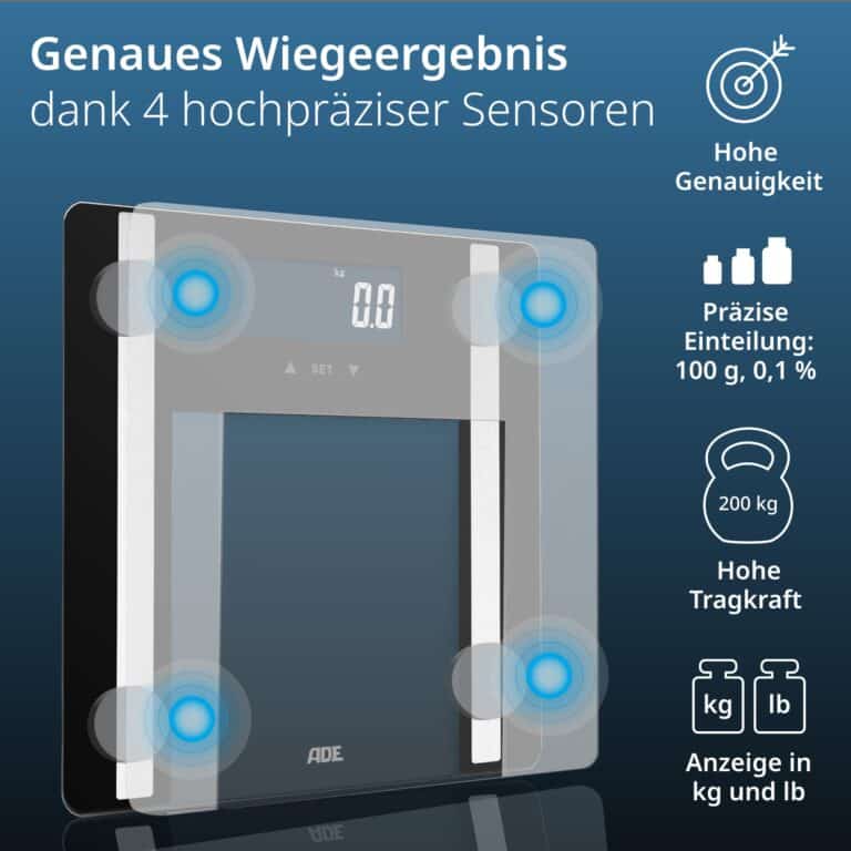 ADE Körperanalysewaage Ines schwarz, Körperfettwaage mit 7 Körperwerten und 10 Speicherplätzen, Testsieger Stiftung Warentest 10/2024